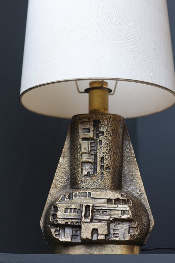 Image 1 of Vintage Brutalist Bronze Table Lamp | Sculptural Relief Design | 1970s