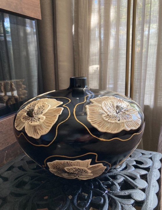 Image 1 of Hand-Painted Vase Black&White Poppy 3D Flowers ByJ&S