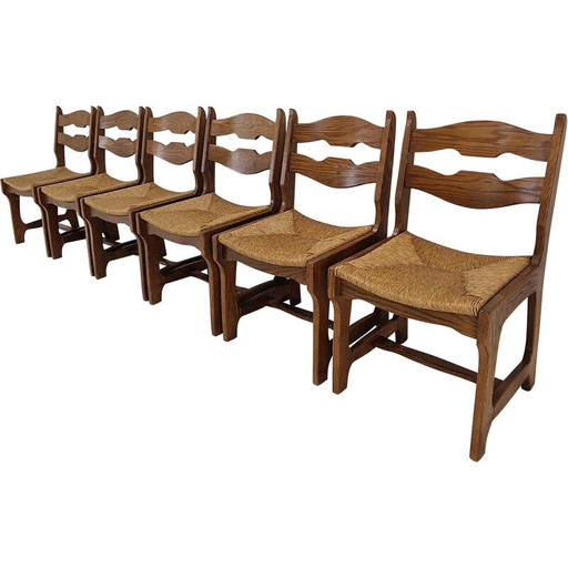 Set of 6 vintage oak razor blade chairs, France 1960
