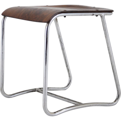 Tabouret Bauhaus vintage en chrome et bois, Tchécoslovaquie années 1930