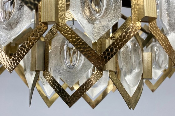 Image 1 of Lampadario in vetro sfaccettato Ottone Jaroslav Bejvl Kamenický Šenov anni '60 Cecoslovacchia