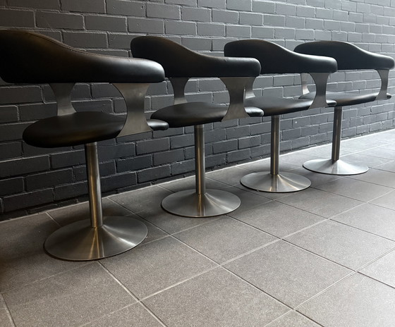 Image 1 of Set of 4 Vintage Space Age Swivel Chairs in Black and Brushed Stainless Steel
