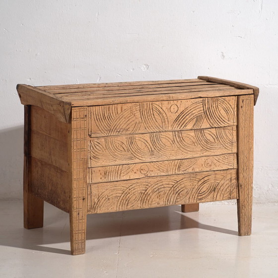 Antieke volksgesneden kist van grenenhout – Centraal-Europa, circa 1850 – Opbergkast, Rustic (photo 4 of 40)
