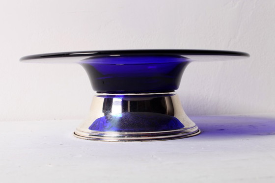 Image 1 of Mid-cetury Rare Cobalt Blue Crystal and Silver Bowl / Fani Argento / Florence / Italy / 1930s