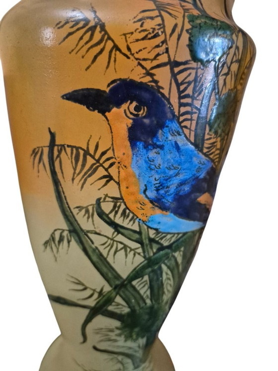 Pair of hand-painted Vases with bird motif, legras, Ceramic, Glass, Orange (photo 14 of 15)