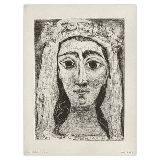 Pablo Picasso Lithographie Jacqueline En Mariée De Face (17) 1971 – lithos zeefdrukken, Paper