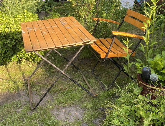 Image 1 of 4x Vintage Folding Chair + Table GDR Seating Set Germany Rare