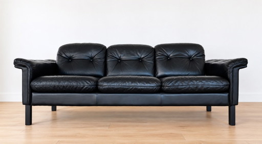 Sofá danés vintage de mediados de siglo, de 3 plazas, de cuero negro, de la década de 1970. – 3 5 zitsbanken, Leather