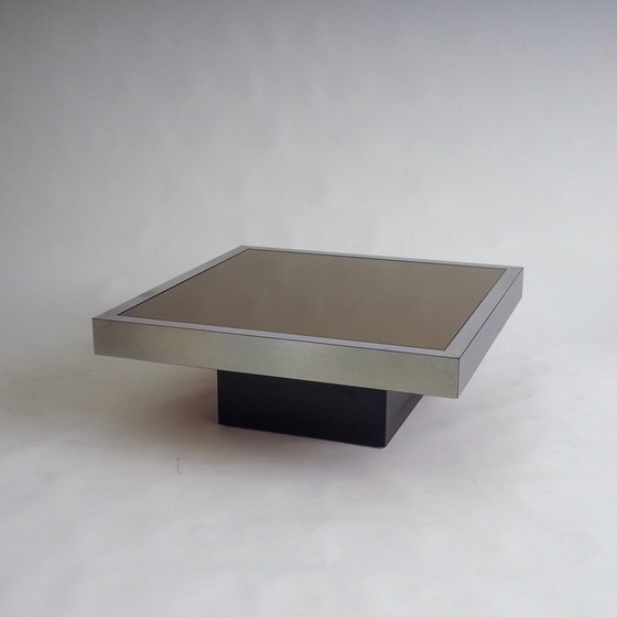 Image 1 of Tavolino in acciaio inox con piano in vetro marrone