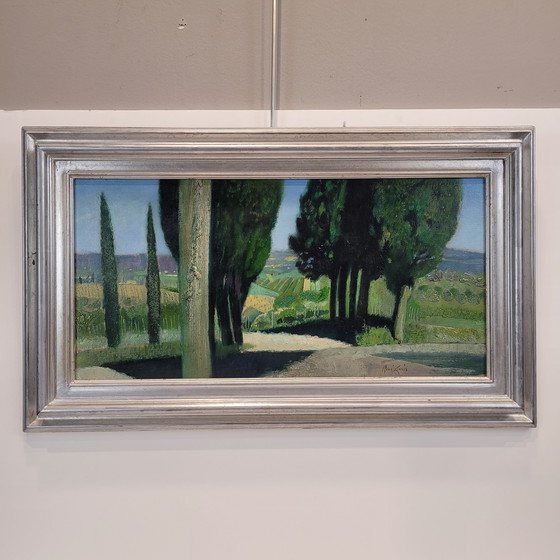 Image 1 of Óleo Sobre Lienzo “El Callejón De Los Cipreses”, René Genis, Pintura De Paisaje, S. Xx – Francia