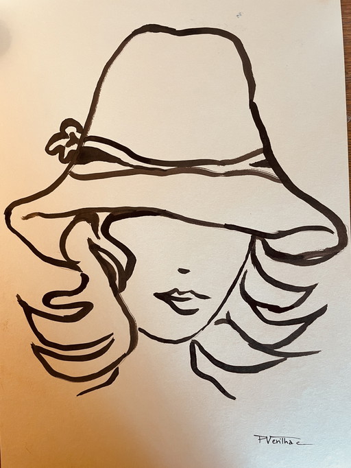 Tableau Signé Encre de Chine Gravure Mode Portrait Féminin "Chapeau" (Hat)