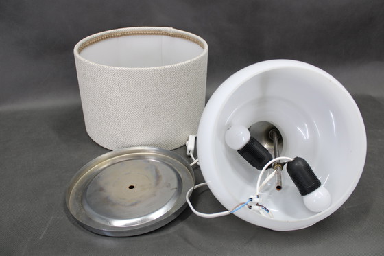 Image 1 of Italienische Glastischlampe mit Bouclé-Stoffschirm aus den 1970er Jahren