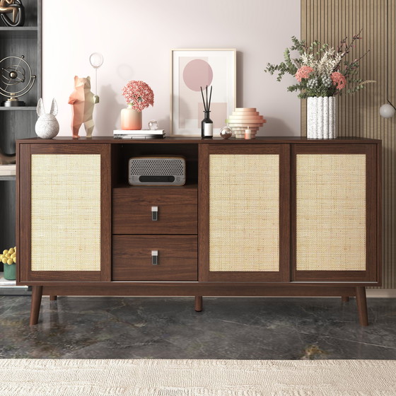 Image 1 of Urban Meuble sideboard in walnut look with 3 sliding rattan doors and 2 drawers 155x38x80cm USOH WALNUT