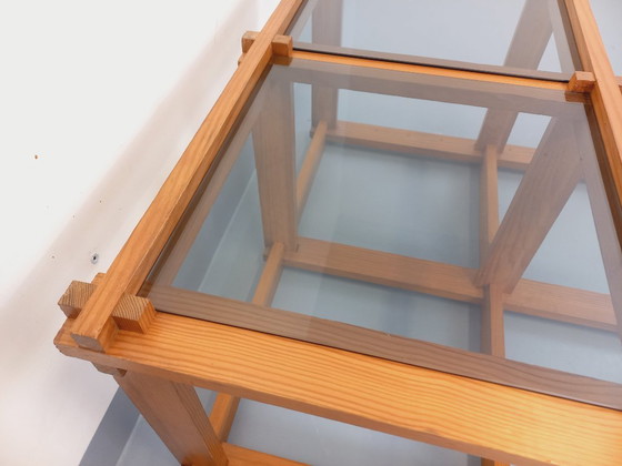 Image 1 of Vintage square coffee table in pine and smoked glass from the 70s/80s