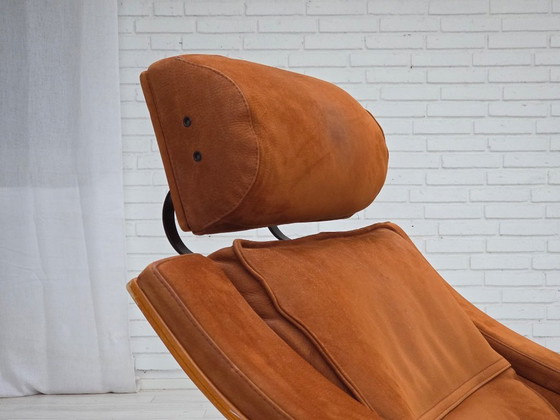 Image 1 of Anni '80, poltrona girevole svedese, pelle nabuk, tela, legno di faggio curvato.