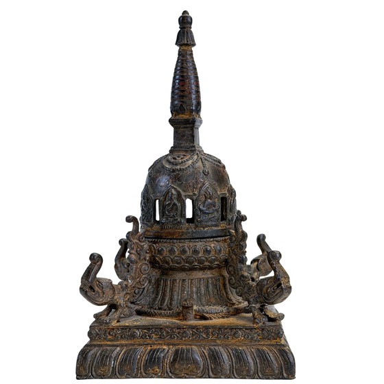 Quemador de incienso chaitya nepalí antiguo de bronce con Budas – finales del siglo XIX – Objetos decorativos (photo 4 of 11)