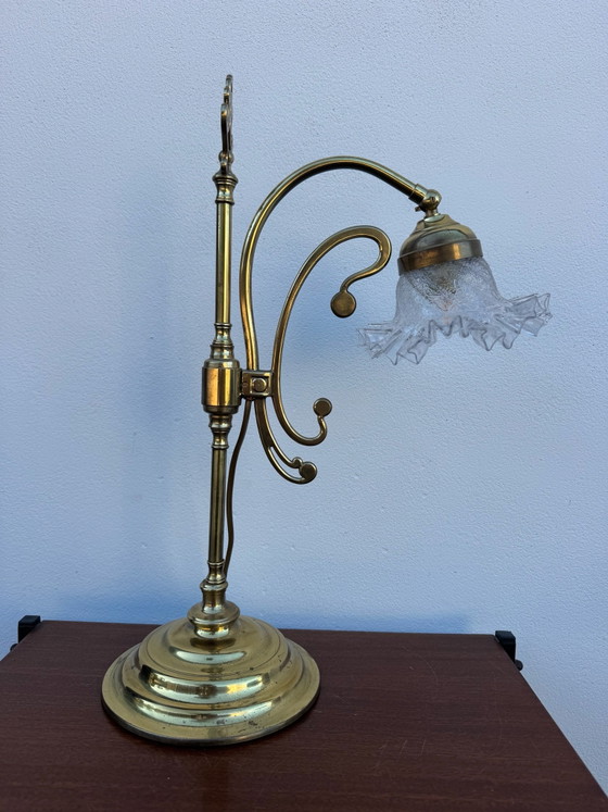 Lampada a collo di cigno in ottone Art Nouveau – Lampade da tavolo, Vetro (photo 3 of 15)