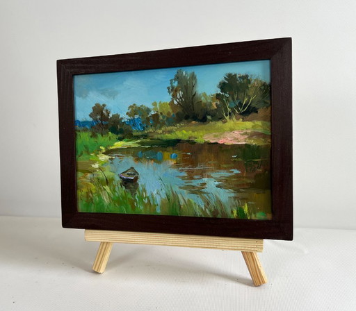 Original Oil Painting Summer River Landscape Summer in green banks