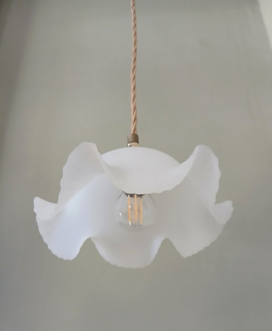 Image 1 of Vintage frosted glass pendant lamp. Floral, wavy shape.