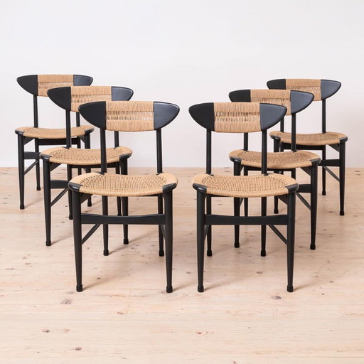 Set van 6 Scandinavische moderne eetkamerstoelen, met touwzitting en -rugleuning, jaren 60