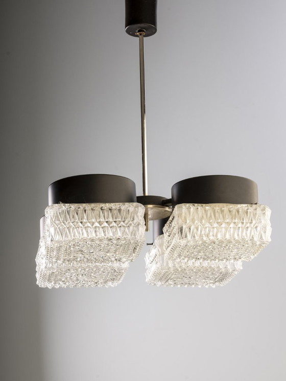 Image 1 of Elegant Four-Light Glass and Metal Chandelier, Napako, 1970s–1980s