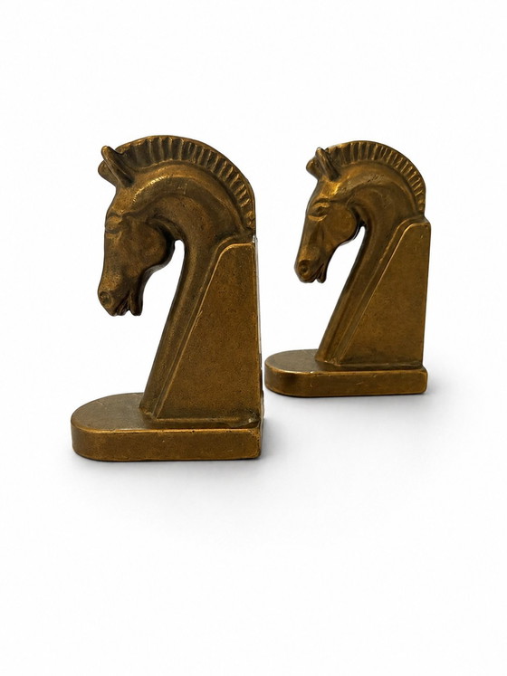 Image 1 of Heavy Brutalist Brass Horse Bookends - Germany 1960s