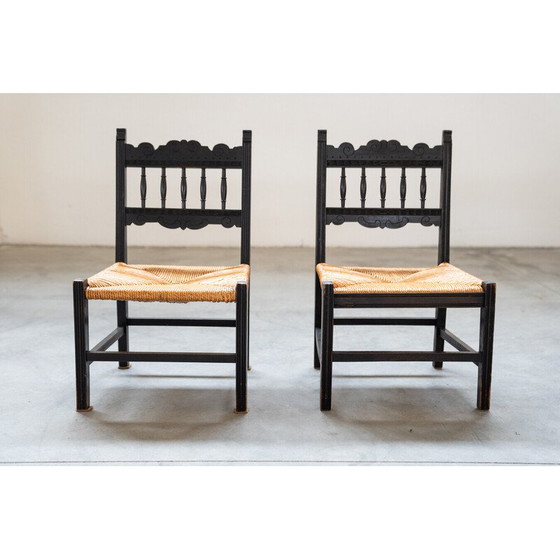 Image 1 of Pair of vintage low bedroom chairs in ash and woven rice straw, Italy 1960
