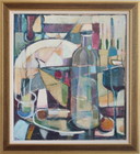 Cubist Still life, Fish Supper, Acrylic and Oil on board, Modern Style, Signed