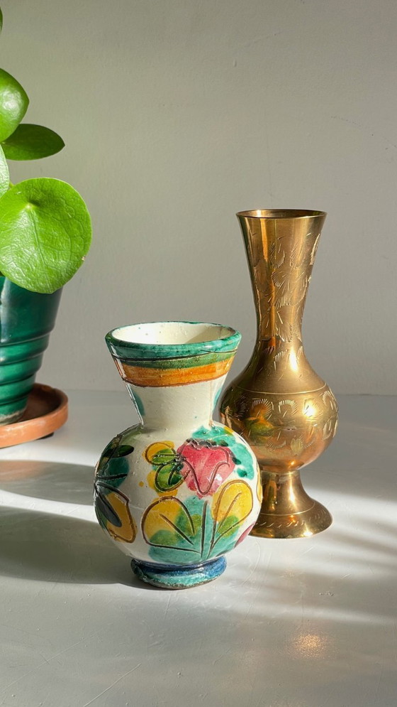 Image 1 of Vintage Handcrafted Ceramic and Brass Vases