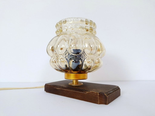 Mid Century Amber Glass Table Lamp / Retro Wood Brass Nightstand Light / 1970s Bubble Glass Desk Fixture / Vintage Small Lantern