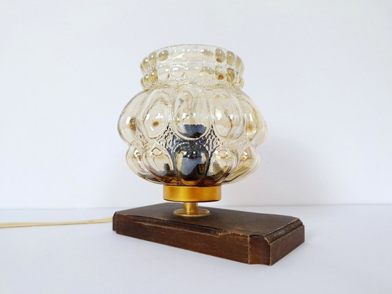 Image 1 of Mid Century Amber Glass Table Lamp / Retro Wood Brass Nightstand Light / 1970s Bubble Glass Desk Fixture / Vintage Small Lantern