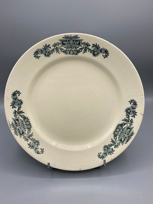 Grande piatto antico Longchamp, con decorazione stampata verde Lutèce – decoratieve objecten