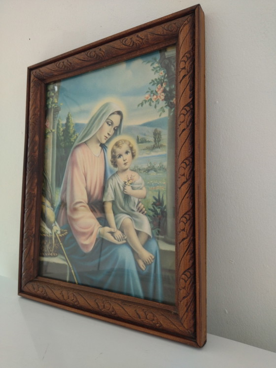 Cromolitografia Madonna con Bambino – Cornice Vintage 35 x 28 cm – Litografie e stampe, Glass, Mdf (photo 5 of 7)