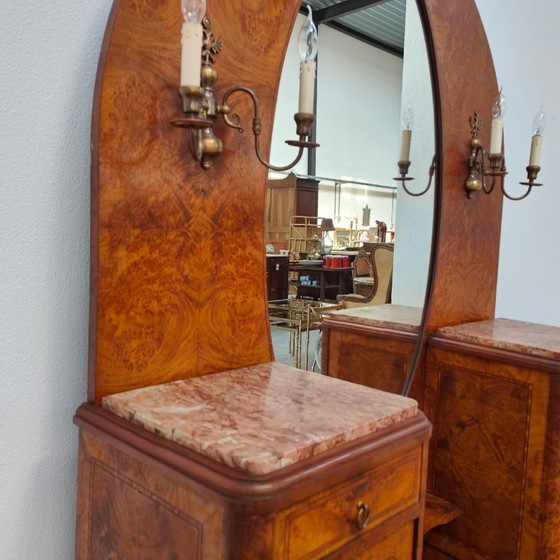Image 1 of Coiffeuse Art Déco vintage, meuble de chambre, table de maquillage, plateau en marbre