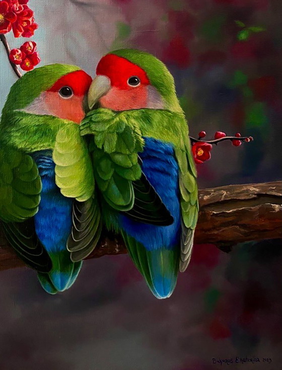 Original Oil Painting Symbolism Portrait of a Parrot Lovebirds on a Branch – Paintings & Drawings, Canvas (photo 5 of 6)