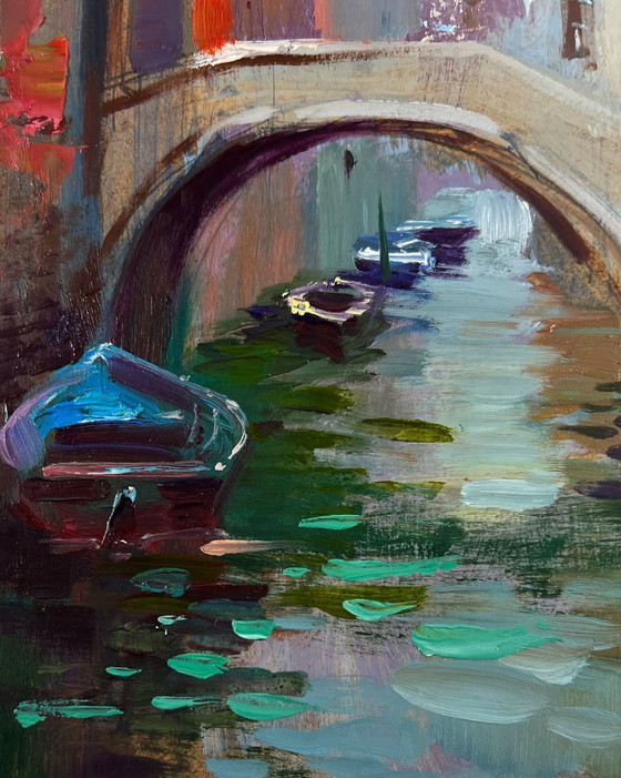 Image 1 of Original Oil Painting River Street Landscape City in the reflection of water