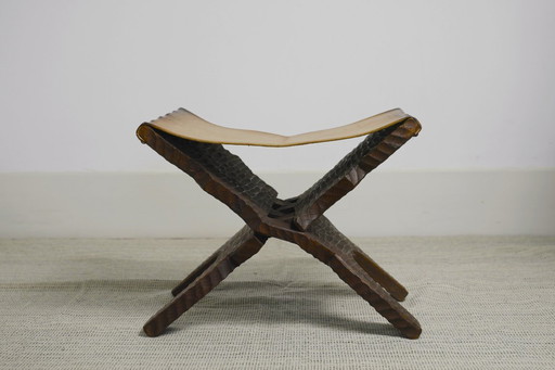 Brutalist Folding Stool Leather Sling Seat Hand Carved Wood X Frame 1950s Rustic Mid Century Ottoman