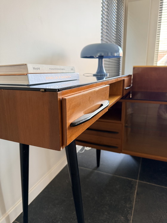 Vintage Mid-Century Desk With Sideboard Závody Bučovice – Glass, Wood (photo 5 of 8)