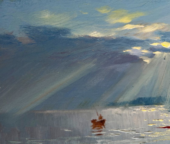 Image 1 of Original Oil Painting Summer River Landscape Rays of sun through the clouds