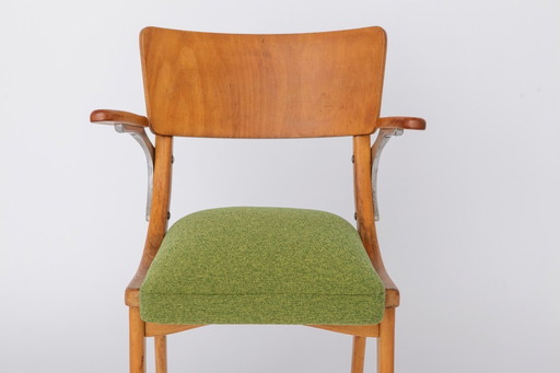 Vintage Armchair 1950s Germany, Beech Wood Chair, Restored & Reupholstered, Light Green Seat, Mid Century Modern