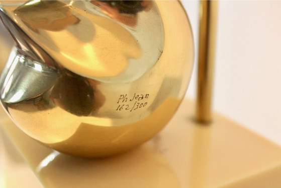 Pair of Exclusive Philippe-Jean Brass Art Sculpture Table Lamps, signed, Marble, Mid Century Modern (photo 4 of 14)