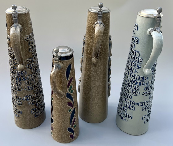Image 1 of Lot de 4 chopes à bière vintage originales en grès avec couvercles en étain – König / GERZ – Allemagne, années 1970-1980