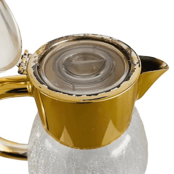 Image 1 of Vintage Kalte Ente glazen karaf waterkan craquelé glas verguld metaal 1970's