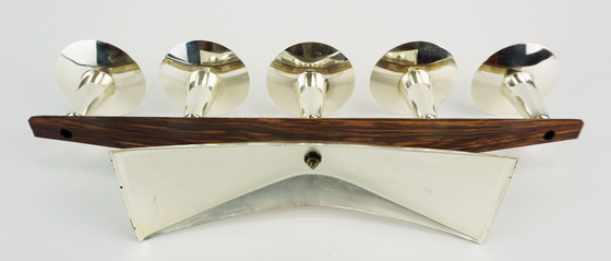 Image 1 of Bougeoir moderne du milieu du siècle, en métal argenté et bois, années 1950-1960