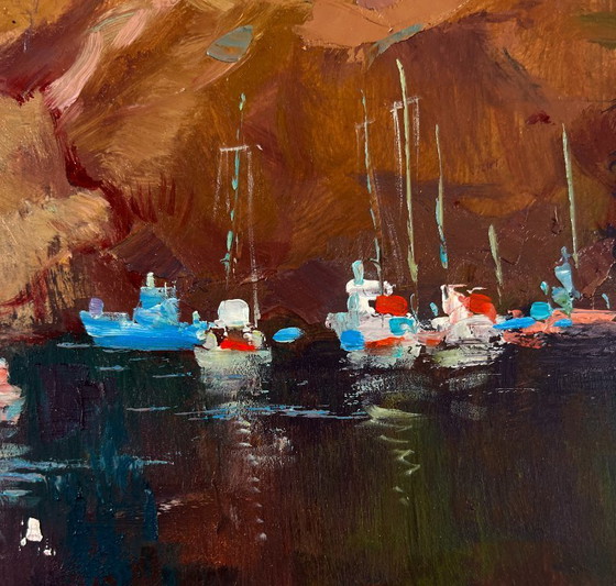 Image 1 of Original Oil Painting Coastal Rock Landscape Sails Against The Backdrop Of Mountains