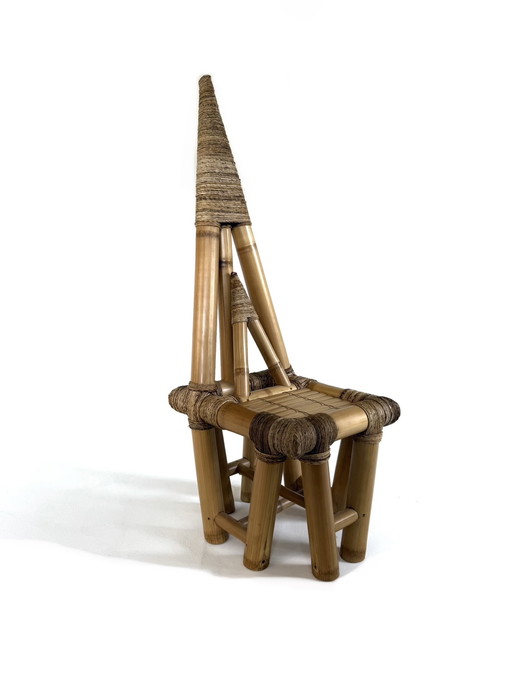 Chaise sculpturale vintage, bambou et rotin, années 50