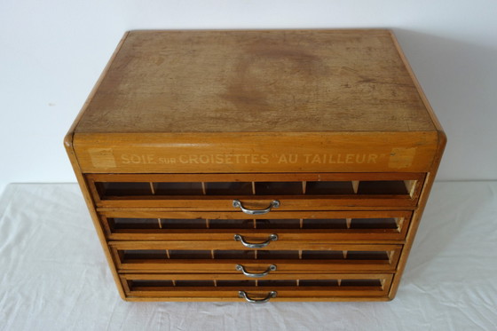 Image 1 of 4-drawer vintage silk haberdashery display cabinet on shelf