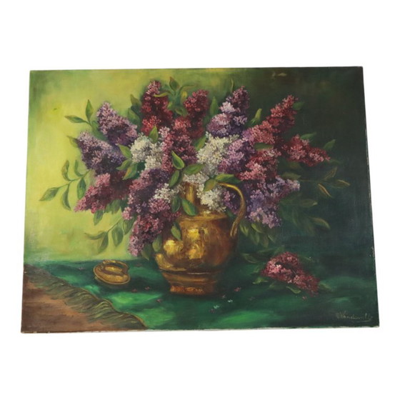 Large Colorful Floral Still Life with Lilacs Painting 90x70cm – Paintings & Drawings, Canvas, Vintage (photo 13 of 15)