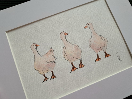 Image 1 of Original watercolor painting three geese including frame