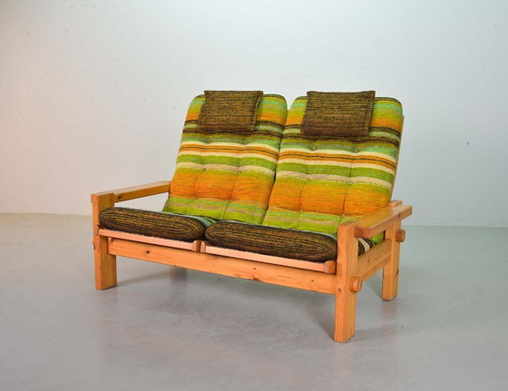 Image 1 of Yngve Ekstrom Mid-Century Scandinavian Design 2-Seat ‘Dymling’ Sofa in Pinewood and Rainbow Fabric for Swedese. Sweden, 1970s.